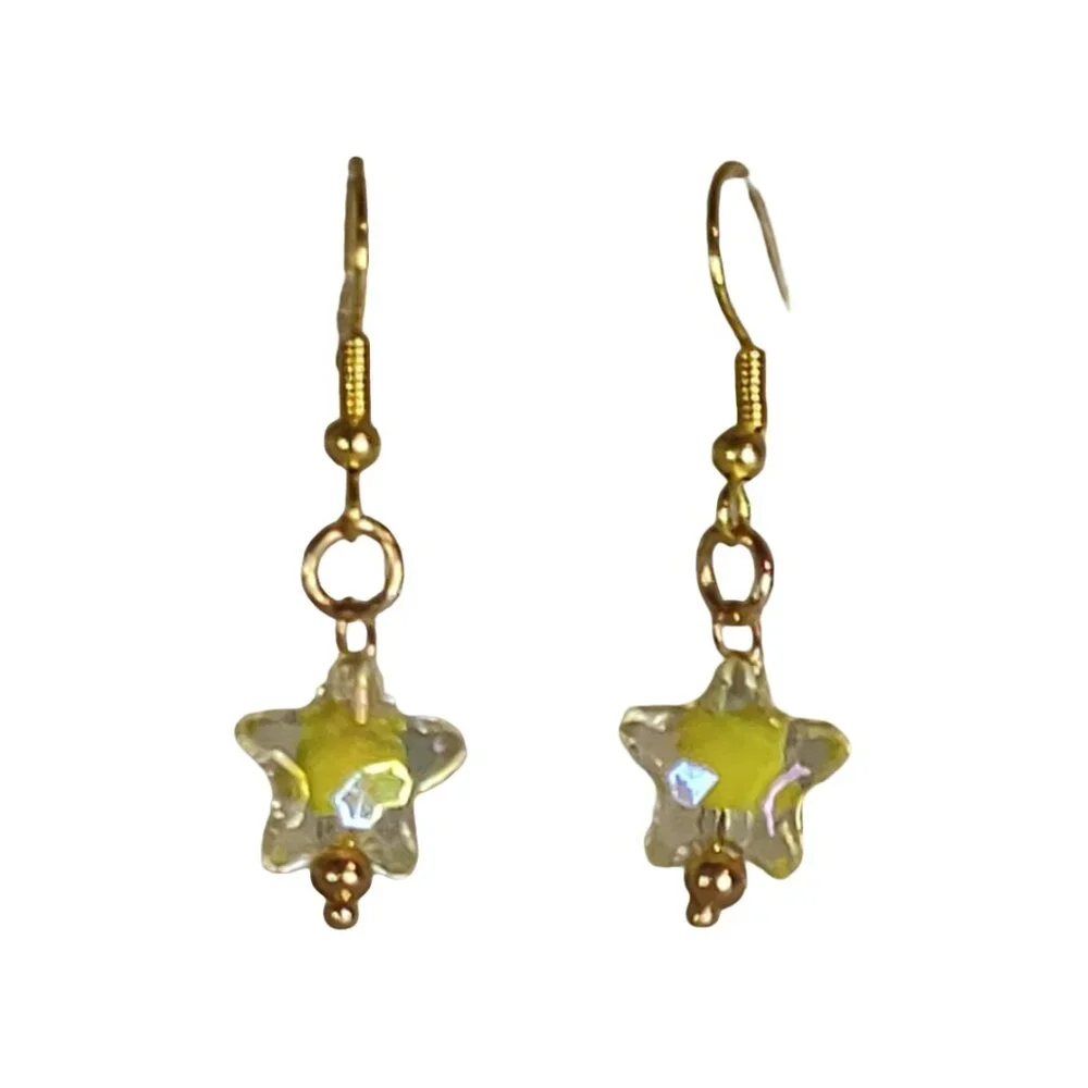 NEW Handmade/Homemade Pastel Yellow Bead in Clear Star on Gold Drop Earrings